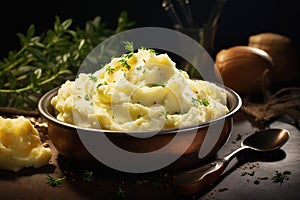 Holiday mashed Potatoes in bowl with fresh herbs, rustic background