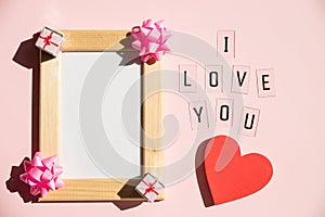 Holiday mock up, hearts on pastel pink background. Flat lay, top view. Valentines day concept. Mother`s Day, Wedding