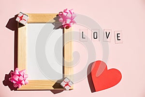 Holiday mock up, hearts on pastel pink background. Flat lay, top view. Valentines day concept. Mother`s Day, Wedding