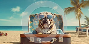 Holiday Mode Bulldog Enjoying the Beach with Sunglasses and Suitcase - travel and holiday concept. Generative AI