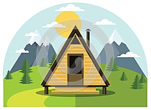 Holiday in the mountains, a-frame house on lawn, small cabin, front view