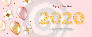 Holiday New Year 2020 gift card with gift boxes, flying balloons and sparkling confetti on pastel background. Vector