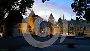 Holiday in old town of Tallinn,Estonia   decoration blurring light ruffled red towers gate cityscape travel ,city park