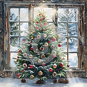 A holiday ornament features a Christmas tree in front of a window