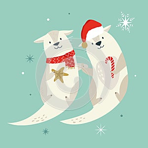 Holiday otters in scarf and Santa hat holding paws