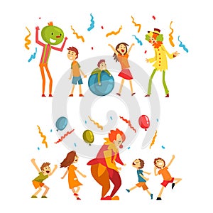 Holiday Party Actor or Entertainer Wearing Costume of Clown Playing with Kids Vector Set