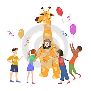 Holiday party actors entertainer wearing in costume Giraffe, play with kids. Performance Birhday Carnaval Party, group