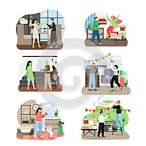 Holiday party celebration set, flat vector illustration. Happy couples giving gifts, celebrating holidays at home, cafe.