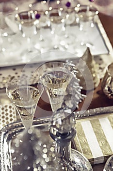 Holiday Party Champagne Flutes on Silver Serving Tray