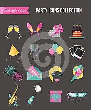 Holiday and party icons set with colorful balloons, cake, invitation, gift box. Flat style design. Vector illustration.