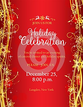 Holiday party invitation with with gold decorative snowflakes