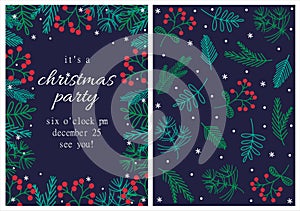Holiday party invitation vector template. Hand drawn floral frame, vintage background. Christmas card with pine, fir, tree