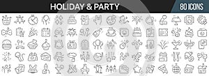 Holiday and party line icons collection. Big UI icon set in a flat design. Thin outline icons pack. Vector illustration EPS10