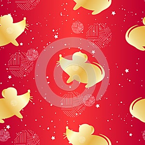 Holiday pattern with golden rat and snow on red background. Ornament for textile and wrapping