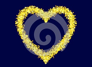 A Golden glittering heart on a blue background.  Festive romantic pattern.  Decorative background for graphic design.