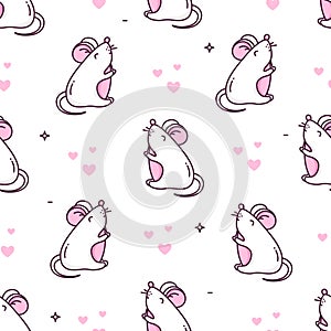 Holiday pattern with white mouse and hearts on white background. Thin line flat design. Ornament