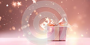 Holiday pink background with gift, golden bow, ribbon. Generative AI