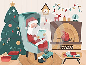 Holiday preparation. Happy old kind bearded Santa Claus sitting in the arm chair near fireplace and reading a letter or making