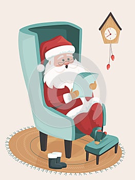 Holiday preparation. Happy old kind bearded Santa Claus wearing hat, glasses, sitting in the arm chair and reading a letter or