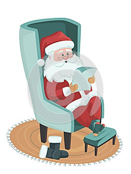 Holiday preparation. Happy old kind bearded Santa Claus wearing hat, glasses, sitting in the arm chair and reading a letter or