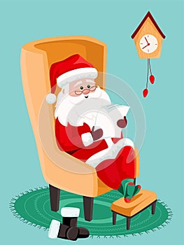 Holiday preparation. Happy old kind bearded Santa Claus wearing hat, glasses, sitting in the arm chair and reading a letter or