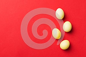 holiday preparation Multi colors Easter eggs on colored background . Pastel color Easter eggs. holiday concept with copy