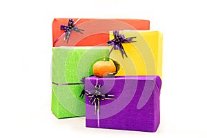 Holiday present colored gift boxes, packaging pile. Christmas, new year birthday gift concept