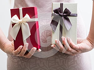 Holiday present surprise woman hold gift box