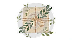 Holiday present wrapped in eco paper with twine and green leaves. A flat modern illustration showing a gift box in a
