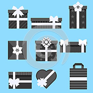 Holiday Presents. Gift box icon set different styles. Vector illustration