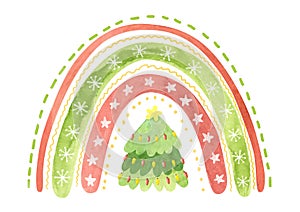 Holiday rainbow with snowflakes, stars and Christmas tree