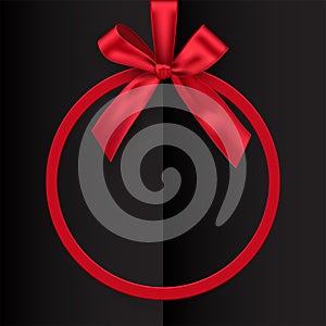 Holiday red round frame with bow and ribbon on black opened book background. Vector postcard or greeting card template.