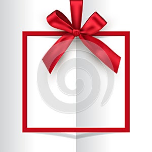 Holiday red square frame with bow and ribbon on white opened book background. Vector postcard or greeting card template.