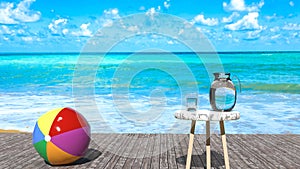 Holiday relax - summer sea relaxing outdoors scene, sunny day, beach ball, blue ocean, peaceful sky with puffy clouds