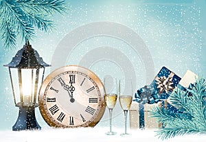 Holiday retro background with champagne glasses and clock. Happy New Year.