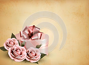 Holiday retro background with pink roses and gift