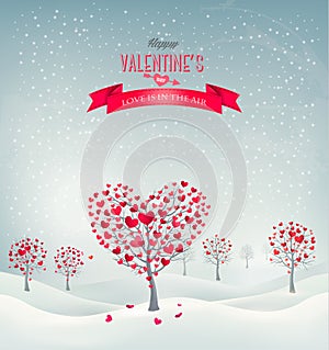 Holiday retro background. Valentine trees with hea