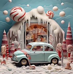 holiday retro merry christmas candy snow festive winter gift car. Generative AI.