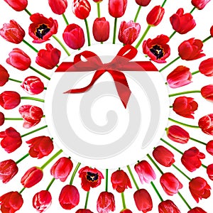 Holiday round banner with ribbon, red tulip flowers on background