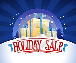 Holiday sale banner design, illustration with gift boxes