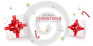 Holiday sale banner with gift box with red ribbon and bow. Christmas poster. Present boxes with New Year decoration