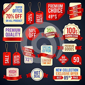 Holiday sale ribbon banners and sticker badges with promotional text vector set
