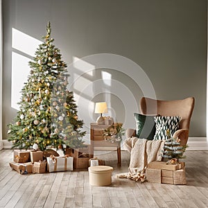 Holiday scene with playthings and a festive evergreen