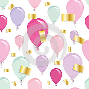 Holiday seamless pattern background with balloons and gold confetti.