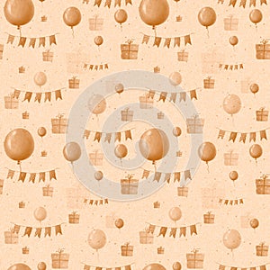 holiday seamless pattern with balloons and giftboxes, watercolor illustration