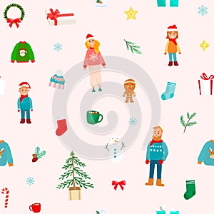 Holiday seamless pattern with cartoon family, snowman, clothes and fir tree. Background for wrapping paper, textile, fabric.