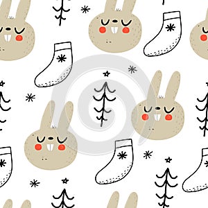 Holiday seamless pattern with cartoon hares, christmas socks, trees, decor elements. Colorful vector for kids, flat style. hand dr