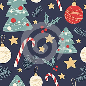 Holiday Seamless Pattern with Christmas symbols. Xmas winter poster collection. Merry Christmas, Happy New Year seamless pattern