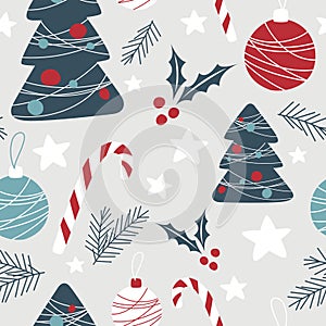 Holiday Seamless Pattern with Christmas symbols. Xmas winter poster collection. Merry Christmas, Happy New Year seamless pattern