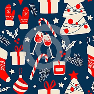 Holiday Seamless Pattern with Christmas symbols. Xmas winter poster collection. Merry Christmas, Happy New Year seamless pattern